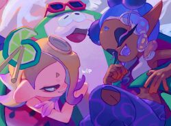 1boy 2girls big_man_(splatoon) big_man_(summer_nights)_(splatoon) blonde_hair blue_hair blue_pants blue_tongue blueberry cephalopod_eyes closed_eyes colored_extremities colored_eyelashes colored_tongue crop_top dark-skinned_female dark_skin fangs food food_on_head fruit frye_(splatoon) frye_(summer_nights)_(splatoon) gradient_hair grin hair_ornament hair_over_one_eye hair_stick horizontal_pupils inkling ka1_(k4k37) lime_(fruit) lime_slice long_eyelashes long_pointy_ears medium_hair midriff multicolored_hair multiple_girls nintendo object_on_head octoling official_alternate_color official_alternate_costume one_eye_covered open_mouth pants parted_lips pointy_ears purple_hair red_eyes shirt shiver_(splatoon) shiver_(summer_nights)_(splatoon) smile splatoon_(series) splatoon_3 tentacle_hair torn_clothes torn_pants unfinished white_shirt
