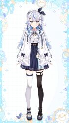 Rule 34 | 1girl, analog clock, anchor ornament, anchor symbol, ankle cuffs, arms at sides, asymmetrical legwear, belt, beret, black belt, black hair, black streaks, black thighhighs, blue border, blue bow, blue eyes, blue hair, blue shoes, blue skirt, blue streaks, border, bow, braid, breasts, buttons, clock, closed mouth, colored shoe soles, commentary request, diagonal-striped bow, double-breasted, full body, grid background, hair bun, hair flaps, hair ornament, hairpin, hat, hat bow, high-waist skirt, highres, hood, hood down, hooded jacket, indie virtual youtuber, jacket, legwear garter, lifebuoy, long hair, looking at viewer, mary janes, miniskirt, mismatched legwear, mismatched thighhighs, multicolored eyes, multicolored hair, multiple hairpins, o-ring, official art, open clothes, open jacket, ornate border, overskirt, pocket, pocket watch, purple bow, sailing ship, second-party source, shiozora namiri, shirt, shirt tucked in, shoes, side braid, side up bun, single side bun, siokazunoko, skirt, solo, sparkle, standing, straight-on, streaked hair, swim ring, tachi-e, thighhighs, two-tone eyes, virtual youtuber, watch, white background, white hair, white hat, white jacket, white shirt, white thighhighs, yellow eyes
