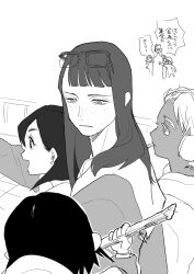 4girls asakusa_midori asymmetrical_bangs black_hair colored_eyelashes doumeki_parker eizouken_ni_wa_te_wo_dasu_na! eyewear_on_head freckles glasses greyscale hatching_(texture) holding holding_stick kanamori_sayaka katsuoboshi long_hair mizusaki_tsubame monochrome multiple_girls school_uniform shibahama_high_school_uniform short_hair stick white_eyelashes white_hair