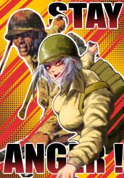 Rule 34 | 1boy, 1girl, commentary, english commentary, english text, engrish commentary, engrish text, explosive, grenade, grey hair, gun, helmet, highres, holding, holding grenade, holding gun, holding weapon, military uniform, open mouth, original, ranguage, red eyes, samuel.t, weapon, world war ii