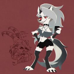 1boy 1girl animal_ear_piercing black_shorts black_thighhighs blitzo_(helluva_boss) collar colored_sclera father_and_daughter full_body furry furry_female grey_hair grey_shirt grin growling hand_on_another&#039;s_head hand_on_own_hip helluva_boss highres holding holding_phone long_hair loona_(helluva_boss) midriff multiple_views phone red_background red_sclera shirt shorts slit_pupils smile spiked_collar spikes standing thighhighs toe_claws toeless_legwear translation_request ukata wolf_girl