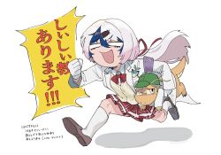 animal animal_in_clothes armband baseball_cap blue_hair bow brown_shoes coat cosplay crossdressing d18474 dragonite gen_1_pokemon glasses gloves green_hat hair_between_eyes hair_ornament hairpin hat highres kneehighs lab_coat leos_vincent long_hair mameneko_(leos_vincent) mole mole_under_eye nijisanji oliver_evans pleated_skirt ponytail purple_armband red_bow red_ribbon red_skirt ribbon shiina_yuika shiina_yuika_(cosplay) shoes simple_background skirt socks virtual_youtuber white_background white_coat white_gloves white_hair white_socks