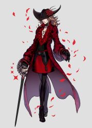 1boy absurdres aqua_eyes bare_pectorals bite_addict black_choker black_footwear black_gloves black_hat black_legwear brown_hair choker coat collarbone crossed_legs fantasy feathers flower frills gem gloves grey_background hat hat_feather hat_flower hat_over_one_eye high_heels highres holding holding_sword holding_weapon jewelry long_hair male_focus necklace open_clothes open_coat original parted_lips patterned patterned_clothing pectorals petals red_coat red_flower red_gemstone red_theme simple_background skull smile solo sparkle spine sword watson_cross weapon
