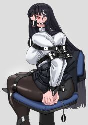 1girl absurdres ass black_hair black_panties black_pantyhose blue_archive gag harris_hero highres long_hair looking_at_viewer panel_gag panties pantyhose red_eyes restrained rio_(blue_archive) shirt solo underwear white_shirt