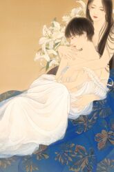 2girls black_bra black_hair blanket blue_bra bra closed_mouth copyright_request earrings flower half-closed_eyes highres jewelry lily_(flower) long_hair looking_down matsuura_shiori_(artist) multiple_girls nightgown short_hair underwear white_lily white_nightgown yuri