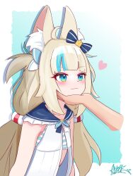 Rule 34 | 1girl, 1other, absurdres, ahoge, animal ear fluff, animal ears, aqua background, blonde hair, blue eyes, blue hair, blue streaks, blunt bangs, blush, border, cat ears, commentary, disembodied hand, dress, fish girl, gradient background, hand on another&#039;s chin, heart, highres, indie virtual youtuber, lifebuoy hair ornament, long hair, low twintails, mixed-language commentary, multicolored hair, rei (2812q), sameko saba, signature, smile, solo, streaked hair, twintails, upper body, very long hair, virtual youtuber, wavy mouth, white border, white dress