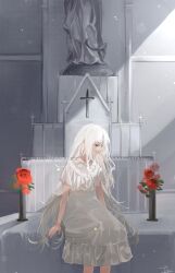 1girl absurdres altar closed_mouth colored_eyelashes cross dress expressionless facial_mark feet_out_of_frame flower forehead_mark halo highres indasu10 light_particles long_hair looking_to_the_side original parted_bangs profile red_eyes red_flower red_rose rose short_sleeves signature sitting solo statue vase white_dress white_hair