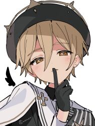 Rule 34 | 1boy, beret, black gloves, black hat, brown eyes, brown hair, ensemble stars!, finger to mouth, gloves, hair between eyes, hat, highres, index finger raised, looking at viewer, male focus, mashiro tomoya, parted lips, shisokonbu, short hair, shushing, simple background, single wing, solo, upper body, white background, wings