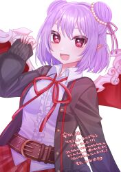 1girl anninmonaka artist_name belt breasts commission demon_girl demon_wings double_bun frills hair_bun highres iris_mysteria! open_mouth pointy_ears purple_eyes purple_hair red_ribbon ribbon skeb_commission upper_body valeria_ristie_de_serbanescu vampire white_background wings
