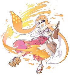 1girl colored_tongue fangs full_body geta hakama hakama_pants highres holding holding_weapon inkling inkling_girl inkling_player_character japanese_clothes kimono long_hair nintendo octobrush_(splatoon) open_mouth orange_hair orange_tongue pants pointy_ears purple_eyes red_hakama sen_squid smile solo splatoon_(series) tabi tentacle_hair third-party_source very_long_hair weapon white_background white_kimono wide_sleeves
