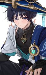 1boy absurdres bishounen black_bodysuit black_hair black_shorts blue_eyes bodysuit closed_mouth cowboy_shot genshin_impact hair_between_eyes hat highres japanese_clothes jewelry looking_at_viewer male_focus necklace scaramouche_(genshin_impact) short_hair shorts simple_background solo sparkle vision_(genshin_impact) wanderer_(genshin_impact) white_background yamu_(yamu_030)