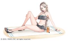 Rule 34 | 1girl, bare legs, bare shoulders, beach towel, bikini, bikini ribbon, bikini skirt, black bikini, black hairband, black sandals, black shoes, black skirt, bracelet, breasts, brown hair, commentary request, criss-cross halter, earrings, elf, frilled footwear, full body, green eyes, hairband, halterneck, hand on ground, hand on own knee, high heel sandals, hwansang jungdog, jewelry, king&#039;s raid, korean commentary, korean text, long hair, looking at viewer, lotion, medium breasts, mixed-language commentary, official alternate costume, official art, on ground, partial commentary, pointy ears, sand, sandals, selene (king&#039;s raid), shoes, simple background, sitting, skirt, smile, solo, sunscreen, swimsuit, towel, very long hair, white background