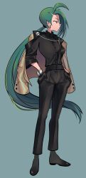 Rule 34 | 1girl, absurdres, ahoge, alternate costume, androgynous, asymmetrical bangs, black gloves, black pants, black shirt, bright pupils, brown coat, closed mouth, coat, collared shirt, ear piercing, earrings, gloves, green hair, highres, jewelry, long hair, missandydandy, nintendo, pants, piercing, pokemon, pokemon sv, ponytail, red eyes, reverse trap, rika (pokemon), shirt, solo, triangle earrings, white pupils