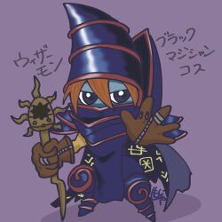 Rule 34 | 1boy, blonde hair, blue skin, chibi, colored skin, cosplay, dark magician, dark magician (cosplay), digimon, digimon (creature), full body, hat, highres, holding, holding staff, m shamoji, male focus, purple background, purple hat, purple robe, robe, simple background, solo, staff, wizarmon, yu-gi-oh!
