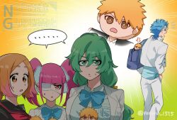 1boy 3girls black_shirt bleach blush breasts brown_eyes commentary cowboy_shot crossed_arms eyepatch green_hair grimmjow_jaegerjaquez group_picture highres inoue_orihime jacket kurosaki_ichigo large_breasts laughing long_hair motion_lines multiple_girls nelliel_tu_odelschwanck official_alternate_costume open_mouth orange_hair pink_hair school_uniform shirt simple_background smile speed_lines stuffed_toy watermark white_jacket yanono_015 yawning yellow_background
