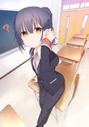 1boy ? absurdres adjusting_hair ahoge belt black_hair black_jacket black_pants black_shoes blazer brown_hair chalkboard classroom collared_shirt commentary_request desk door dress full_body hair_between_eyes highres indoors jacket looking_at_viewer male_focus medium_hair neck_ribbon on_desk original pants ponytail red_ribbon ribbon sankakkee school school_uniform shirt shoes sidelocks sitting smile solo trap tucking_hair white_shirt