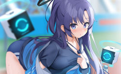 Rule 34 | black shirt, blue archive, blue buruma, bottle, buruma, gym uniform, halo, jacket, kurot, lanyard, official alternate costume, ponytail, purple eyes, purple hair, shirt, sportswear, star (symbol), sticker, sticker on face, sweat, track jacket, water bottle, yuuka (blue archive), yuuka (track) (blue archive)
