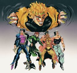 Rule 34 | 5boys, araki hirohiko (style), ark nemesis, black shirt, blonde hair, blue coat, blue hat, blue pants, brown shoes, chain, clenched teeth, coat, commentary, dark-skinned male, dark skin, dio brando, dog, earrings, english commentary, evil grin, evil smile, gakuran, gradient background, green coat, green headband, green nails, green pants, grey background, grey hair, grey headband, grey pants, grin, hat, headband, highres, iggy (jojo), jacket, jean pierre polnareff, jewelry, jojo no kimyou na bouken, kakyoin noriaki, kuujou joutarou, long coat, male focus, mohammed avdol, multiple boys, muscular, muscular male, necklace, official style, open mouth, pants, peaked cap, pink coat, purple shirt, purple shoes, red hair, school uniform, shirt, shoes, smile, stardust crusaders, teeth, yellow jacket, yellow pants
