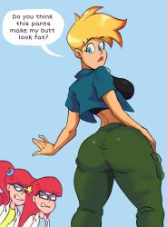 1girl 3girls absurdres angry ass back black_tank_top blonde_hair blue_eyes blue_shirt cargo_pants disney eyelashes gearthefae genderswap genderswap_(mtf) green_eyes green_pants highres johnny_test johnny_test_(character) looking_at_viewer looking_back mary_test median_furrow multicolored_hair multiple_girls open_clothes open_shirt pants red_hair red_lips shirt solo spiked_hair standing streaked_hair susan_test tank_top tight_clothes tight_pants