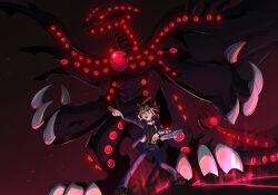 1boy black_hair black_shirt blonde_hair blue_jacket blue_pants card dragon duel_disk gandora-x_the_dragon_of_demolition glowing highres holding holding_card jacket medium_hair multicolored_hair muto_yugi pants purple_eyes purple_hair shirt spiked_hair srhdkn trading_card yu-gi-oh! yu-gi-oh!_the_dark_side_of_dimensions