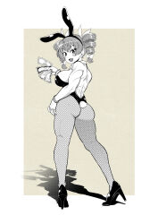 1girl :d animal_ears ass back banknote blush breasts commentary_request dollar_bill drill_hair fishnet_pantyhose fishnets full_body greyscale high_heels highres himajin_noizu large_breasts leotard long_sleeves looking_at_viewer money monochrome open_mouth pantyhose playboy_bunny rabbit_ears smile solo touhou twin_drills yorigami_jo&#039;on