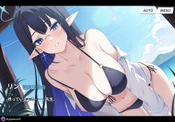 1girl alternate_costume beach bikini black_bikini black_hair blue_archive blue_eyeliner blue_eyes blue_hair blue_sky blush breasts collarbone colored_inner_hair commentary_request earrings eyeliner fake_screenshot giga-tera glasses halo highres jewelry large_breasts leaning_forward long_hair looking_at_viewer makeup multicolored_hair off_shoulder pointy_ears rin_(blue_archive) side-tie_bikini_bottom sideboob sky solo sweatdrop swimsuit translation_request very_long_hair