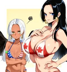 2girls absurdres american_flag american_flag_bikini american_flag_print bikini black_hair black_wings blood blue_eyes boa_hancock breast_envy breasts canadian_flag_bikini commentary_request commission dark-skinned_female dark_skin earrings flag_print flag_print_bikini green_blood hand_on_own_hip highres jewelry kasumi_6 large_breasts long_hair multiple_girls navel one_piece pixiv_commission print_bikini s-snake small_breasts snake_earrings squiggle star-shaped_pupils star_(symbol) swimsuit symbol-shaped_pupils white_hair wings yellow_eyes