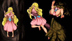 1girl barefoot black_background blonde_hair cookin dress fairy_tail feet frog mavis_vermilion scared soles toes vore
