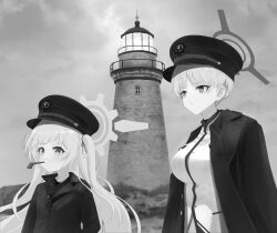2girls blue_archive breasts cherino_(blue_archive) coat cosplay fake_facial_hair fake_mustache flat_chest greyscale halo hat highres large_breasts lighthouse long_hair long_sleeves marina_(blue_archive) monochrome multiple_girls one_side_up open_clothes open_coat outdoors parody peaked_cap photo-referenced pipe_in_mouth short_hair smoking_pipe the_lighthouse thomas_howard thomas_howard_(cosplay) thomas_wake thomas_wake_(cosplay) ziz_(pandora707)