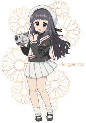 1girl camera cardcaptor_sakura daidouji_tomoyo flower full_body grey_eyes grey_hair hat highres holding holding_camera long_hair looking_at_viewer mary_janes pleated_skirt sailor_collar school_uniform serafuku shoes skirt smile socks solo tomoeda_elementary_school_uniform wakaho_riku