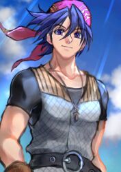 1boy belt belt_buckle black_belt blue_sky brown_gloves buckle chrono_cross cloud collarbone commentary_request floating_hair gloves hair_between_eyes hanada_nadako jewelry male_focus necklace serge_(chrono_cross) short_hair short_sleeves signature sky smile solo sunlight