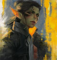 Rule 34 | 1girl, absurdres, baldur&#039;s gate, baldur&#039;s gate 3, black hair, black jacket, brown eyes, closed mouth, colored skin, commentary, cosplay, cyberpunk (series), cyberpunk 2077, dungeons & dragons, earrings, english commentary, gith (d&amp;d), green skin, high collar, highres, hoop earrings, jacket, jewelry, katlovesstar, lae&#039;zel, looking ahead, painterly, pointy ears, red lips, simple background, slit pupils, solo, takemura goro, takemura goro (cosplay), upper body