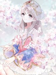 Rule 34 | 1girl, atelier (series), atelier totori, bare shoulders, blue jacket, blue sleeves, branch, brown eyes, brown hair, cherry blossoms, closed mouth, commentary request, cowboy shot, detached sleeves, ebi (shrimp0905), gold trim, hat, highres, jacket, long hair, long sleeves, looking at viewer, off shoulder, outdoors, petals, pink shirt, shirt, sitting, skirt, smile, solo, totooria helmold, white skirt