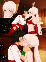 2girls age_difference animal_ears black_hair blue_eyes cat_ears christmas christmas_tree close-up clothed_sex earrings eyeshadow faunus_(rwby) female_focus hand_on_another&#039;s_neck high_ponytail indoors jewelry kali_belladonna kiss makeup mature_female mistletoe multiple_girls necromalock nervous ponytail purple_eyeshadow rwby scar scar_across_eye scar_on_face trapped weiss_schnee white_hair yellow_eyes yuri