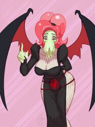 Rule 34 | 1girl, arm behind back, arm support, bat wings, black dress, blush, breasts, cthulhu mythos, dangaart, dress, highres, large breasts, ln&#039;eta, mouth tentacles, pink eyes, pink hair, ponytail, solo, sucker for love, wings