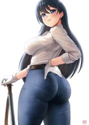 1girl arato_nagi artist_logo ass belt black_belt black_hair blue_eyes breasts collared_shirt commentary_request denim earrings finalcake from_behind gloves hair_between_eyes hand_on_hilt hand_on_own_hip highres jeans jewelry large_breasts logo long_hair looking_at_viewer pants pantylines parted_lips ruri_no_houseki shirt shirt_tucked_in simple_background sleeves_rolled_up smile solo stud_earrings thighs tight_clothes tight_shirt twisted_torso very_long_hair white_background white_gloves white_shirt