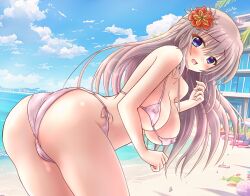 1girl 9-nine- alternate_costume ass bare_shoulders beach bent_over bikini blue_eyes blue_sky blush breasts brown_hair cameltoe cloud commentary_request covered_erect_nipples curvy day eyelashes eyes_visible_through_hair floating_hair flower from_behind hair_between_eyes hair_flower hair_ornament hand_up kujou_miyako large_breasts long_hair looking_at_viewer looking_back micro_bikini nineball0211 ocean open_mouth outdoors pink_bikini red_flower side-tie_bikini_bottom sky solo swimsuit