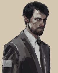 1boy beard black_hair black_jacket black_necktie brown_eyes closed_mouth collared_shirt disco_elysium facial_hair highres jacket jean_vicquemare lapels looking_ahead male_focus necktie owarinull shirt sideburns simple_background solo suit_jacket unfinished upper_body white_shirt