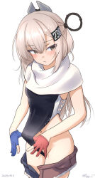 1girl asymmetrical_gloves black_one-piece_swimsuit cowboy_shot denim denim_skirt frontal_wedgie gloves grey_eyes grey_hair headgear highleg highleg_one-piece_swimsuit kantai_collection long_hair mismatched_gloves numbered one-hour_drawing_challenge one-piece_swimsuit partially_fingerless_gloves ray.s scarf skirt solo super_highleg swimsuit two-tone_one-piece_swimsuit wahoo_(kancolle) wedgie white_scarf