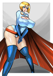 1girl absurdres belt blonde_hair blue_eyes blue_gloves breasts cape cleavage cleavage_cutout clothing_cutout covered_erect_nipples curvy dc_comics female_focus gloves highleg highres huge_breasts kryptonian leaning_forward leotard lips lipstick makeup power_girl red_lips shiny_skin short_hair solo standing thighhighs zxc