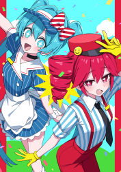 +_+ 2girls :d absurdres apron arm_up black_choker black_necktie blue_dress blue_eyes blue_hair blue_hat blue_shirt blush bow choker collared_shirt commentary cowboy_shot dress drill_hair feet_out_of_frame gloves hair_bow hat hatsune_miku highres kasane_teto long_hair looking_at_viewer maud0239 mesmerizer_(vocaloid) multiple_girls necktie open_mouth pants red_bow red_eyes red_hair red_hat red_pants shirt short_hair short_sleeves smile smiley_hat_ornament striped_bow striped_clothes striped_shirt suspenders twin_drills twintails utau vocaloid w waist_apron white_apron yellow_gloves