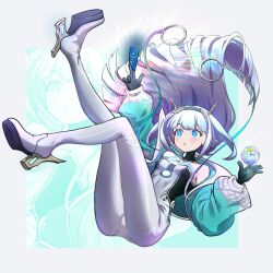 Rule 34 | :o, absurdres, aqua jacket, between fingers, blunt ends, bodysuit, breasts, card, card between fingers, eudie (shadowverse), floating, floating hair, full body, highres, holding, jacket, lotan, shadowverse, shadowverse: worlds beyond, small breasts, white bodysuit