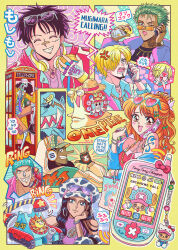 Rule 34 | 2girls, 6+boys, absurdly detailed composition, anger vein, animal print, artist name, asahi breweries, bag, bandaid, bandaid on face, bandaid on nose, bare shoulders, baseball cap, beer can, black eyes, black hair, blonde hair, blue eyes, blue hair, blush, boots, bracelet, brook (one piece), brown eyes, can, cargo shorts, carrying bag, cellphone, cellphone charm, cellphone strap, character name, charm (object), cigarette, closed eyes, closed mouth, colored skin, commentary, copyright name, curly eyebrows, cursive, dark-skinned male, dark skin, den den mushi, drink can, earrings, english commentary, english text, eyewear on head, facial hair, fingerless gloves, flip phone, franky (one piece), full body, gloves, green hair, green ribbon, grin, hair ornament, hair over one eye, hairclip, halftone, hanavbara, hand on own cheek, hand on own face, hand tattoo, hat, headphones, headphones around neck, heart, heart-shaped eyes, heart-shaped eyewear, highres, holding, holding can, hood, hood up, hoop earrings, jacket, jewelry, jinbe (one piece), khaki pants, korean text, leg up, long hair, long nose, looking at another, looking at object, looking at phone, looking at viewer, looking back, looking up, military vehicle, mixed-language text, monkey d. luffy, motor vehicle, multiple boys, multiple bracelets, multiple girls, multiple views, nail polish, nami (one piece), neck tattoo, necktie, nico robin, one eye closed, one piece, open mouth, orange-tinted eyewear, orange hair, phone, phone booth, pink nails, retro artstyle, ribbon, roronoa zoro, sanji (one piece), scar, scar across eye, scar on face, sharp teeth, short hair, shorts, shoulder bag, shoulder tattoo, silver earrings, skeleton, smile, snail, sound effects, speech bubble, star (symbol), star earrings, straw hat, straw hat pirates, stud earrings, sunglasses, tan, tank, tattoo, teeth, tinted eyewear, tongue, tony tony chopper, translation request, upper body, usopp, very short hair, y2k fashion