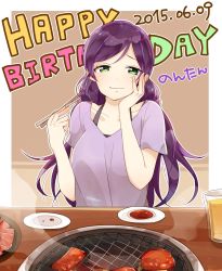 1girl aqua_eyes artist_name artist_request blush breasts chopsticks collarbone cup drinking_glass female_focus food green_eyes hair_ornament hair_scrunchie half-closed_eyes hand_on_own_cheek hand_on_own_face highres holding holding_chopsticks long_hair long_twintails looking_at_viewer love_live! love_live!_school_idol_project low_twintails medium_breasts parted_lips pink_scrunchie purple_hair scrunchie smile solo soup table tojo_nozomi twintails upper_body worried