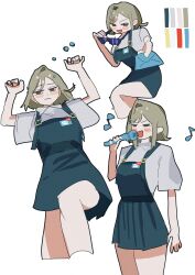 1girl :d :| absurdres adversarial_noise aqua_dress arms_up black_eyes blush closed_mouth collared_shirt commentary cowboy_shot dress eighth_note envelope envelope_ornament grey_hair highres holding holding_envelope holding_microphone holding_removed_eyewear lying meiru_(yu_ni_taro) microphone multiple_views music musical_note on_back open_mouth original parted_bangs pinafore_dress pleated_dress shirt short_hair short_sleeves singing sleeveless sleeveless_dress smile sunglasses unworn_eyewear white_shirt yu_ni_taro