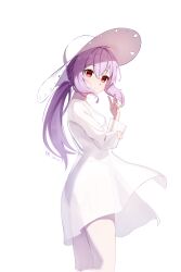 Rule 34 | 1girl, absurdres, atsuko (blue archive), atsuko (swimsuit) (blue archive), blue archive, closed mouth, cropped legs, dated, dress, hat, highres, lao wo, looking at viewer, official alternate costume, official alternate hairstyle, ponytail, purple hair, red eyes, see-through clothes, see-through dress, solo, sun hat, sundress, v, white background, white dress