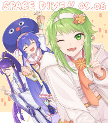 1boy 2girls ahoge alternate_costume arm_guards arm_up blue_footwear blue_hair blue_headwear blue_shirt border clenched_hand closed_eyes closed_mouth dated eel_hat english_text flower frilled_shirt frilled_skirt frills green_eyes green_hair green_nails gumi hair_between_eyes hair_ornament hairband happy headphones headset high_ponytail highres hood hood_down hooded_jacket jacket kamui_gakupo large_hat long_hair long_sleeves looking_at_viewer low-braided_long_hair low-tied_long_hair low_twintails lower_teeth_only multiple_girls neck_ribbon necktie one_eye_closed open_clothes open_jacket open_mouth orange_flower orange_ribbon orange_trim otomachi_una otomachi_una_(sugar) pink_flower ponytail purple_hair purple_trim red_flower red_necktie red_trim ribbon robe shirt short_hair_with_long_locks short_sleeves shorts single_bare_shoulder skirt smile socks suiso_sn3 teeth twintails upper_teeth_only v v-shaped_eyebrows very_long_hair vocaloid white_border white_hairband white_jacket white_shirt white_shorts white_skirt white_socks wide_sleeves yellow_trim