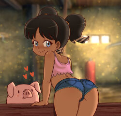 1girl animal arm_support ass barn black_hair blue_eyes blue_shorts blush dakunart dark-skinned_female dark_skin denim denim_shorts earrings fence from_behind heart highres jewelry leaning_forward loli looking_at_viewer looking_back midriff original pig shirt short_hair short_shorts shorts smile standing tank_top twintails window wooden_fence yellow_shirt