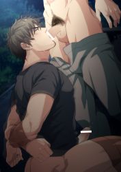 2boys blush bottomless brown_hair censored drooling erection facial_hair fellatio hihumi male_focus multiple_boys oral outdoors penis pubic_hair restrained saliva solo_focus sweat tape testicles yaoi