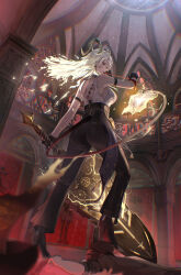 1boy 1girl arm_strap ass back bare_shoulders black_gloves black_horns black_pants black_shoes black_tail blonde_hair chromatic_aberration commentary curled_horns earrings electricity fire flame-tipped_tail from_behind gloves greatsword high_heels highres holding holding_sword holding_weapon horns indoors jewelry key_earrings long_hair looking_at_viewer mouth_hold necktie necktie_around_wrists oiro_ik pants red_eyes red_necktie shirt shirt_tucked_in shoes shoulder_blades stepped_on sword tacet_mark_(wuthering_waves) tail torn_clothes torn_shirt weapon white_shirt wuthering_waves zani_(wuthering_waves)